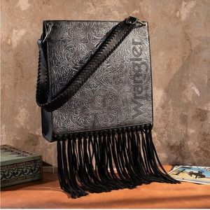 NWT Wrangler Western Tooled Black Fringe Cross body Purse